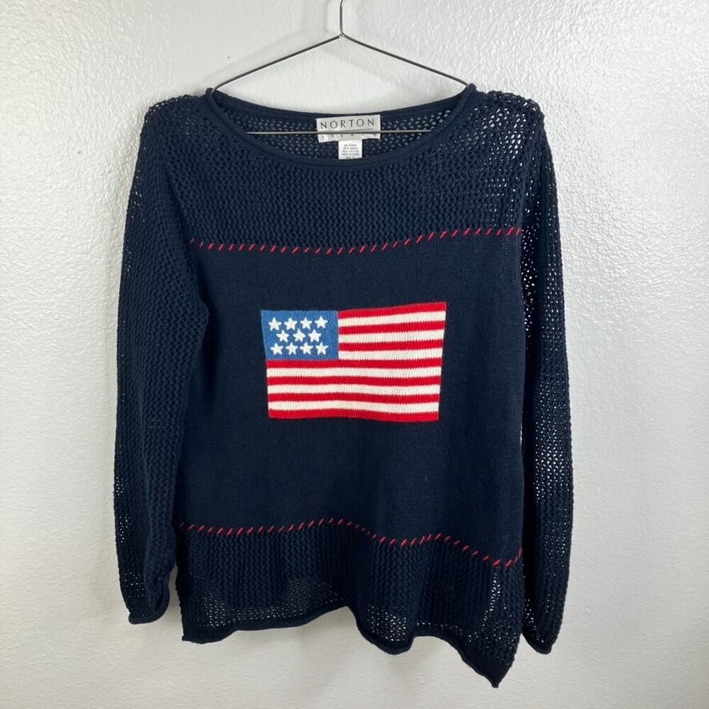 Norton Studio Americana Ramie Knit Sweater Size L Navy Mesh Preppy Nautical